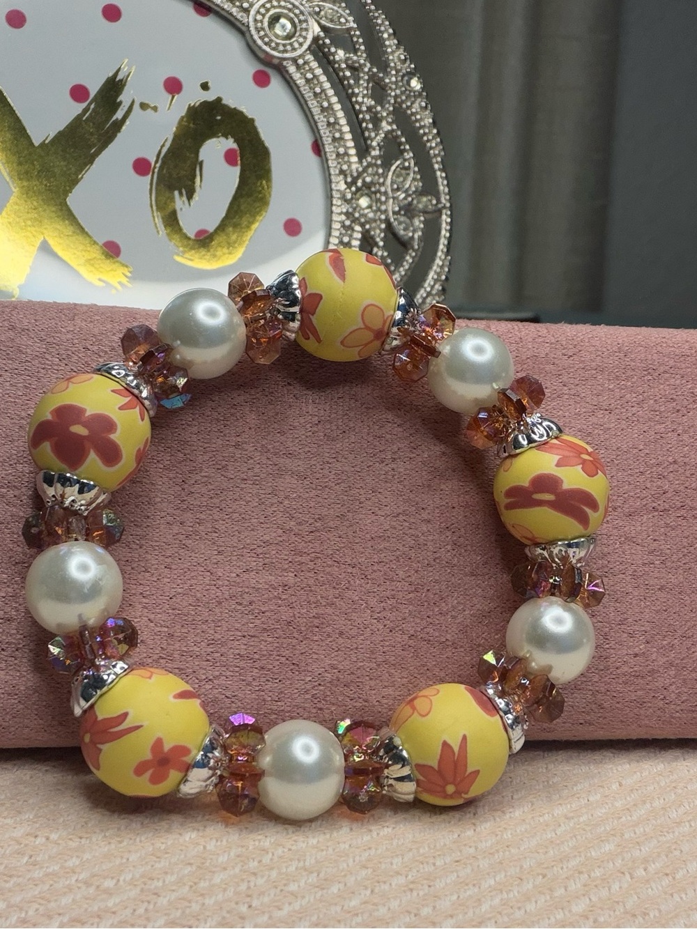 Artisan Yellow Floral Clay Bead Stretch Bracelet Faux Pearl Crystal Spacers